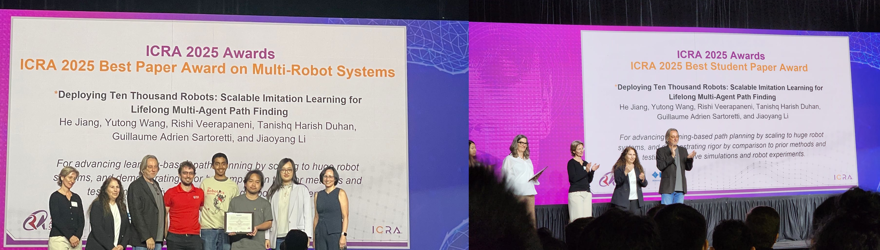 Our collaboration paper with Prof. Jiaoyang Li (CMU) and her team was awarded the best paper award in the multi-robot systems category at ICRA 2025, as well as one of the overall best student paper awards for the whole conference (4 Awards, 1606 papers).